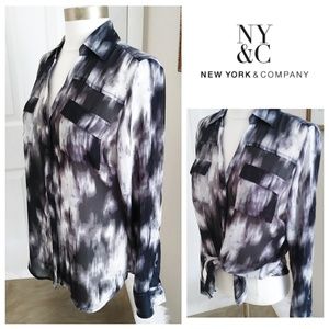 New York & Company Black Print Semi- Sheer Blouse